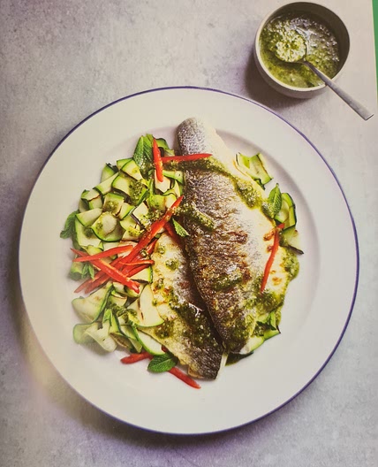 Sea Bass with Pesto and Charred Courgette, Chilli and Mint