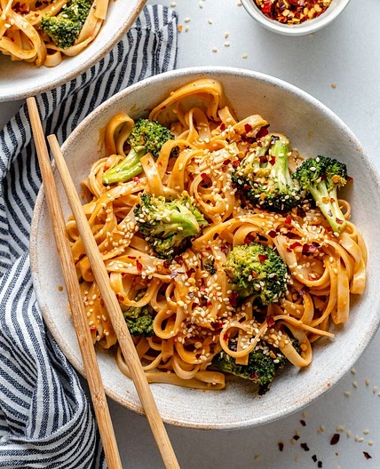Crispy Broccoli Sweet and Spicy Sesame Tahini Noodles