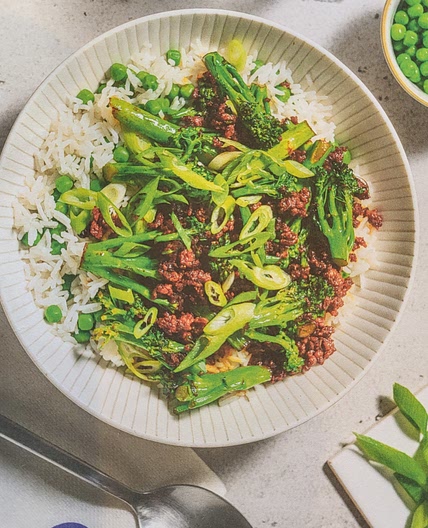 Ginger Beef Stir-fry and Garlic Rice with Peas and Tenderstem Broccoli