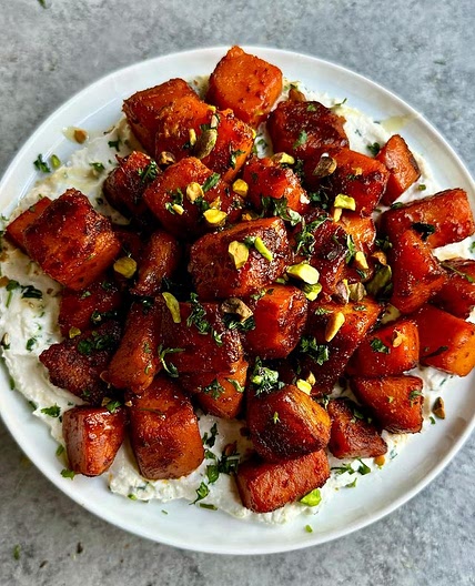 HONEY-CHILI GLAZED SWEET POTATOES WITH WHIPPED RICOTTA