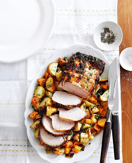 Roast lemon and mustard pork with one pan vegetables