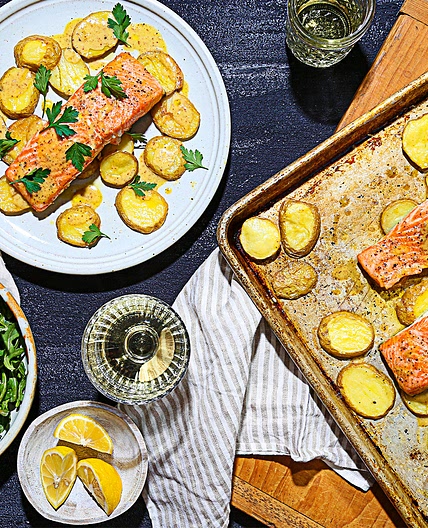Bobby Flay's Sheet Pan Salmon with Roasted Potatoes and Creamy Meyer Lemon Dressing