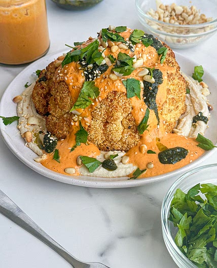 Half Roasted Cauliflower with Butter Bean Dip and Capsicum Sauce