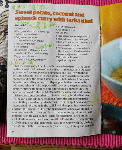 Sweet potato, coconut and spinach curry with tarka dhal