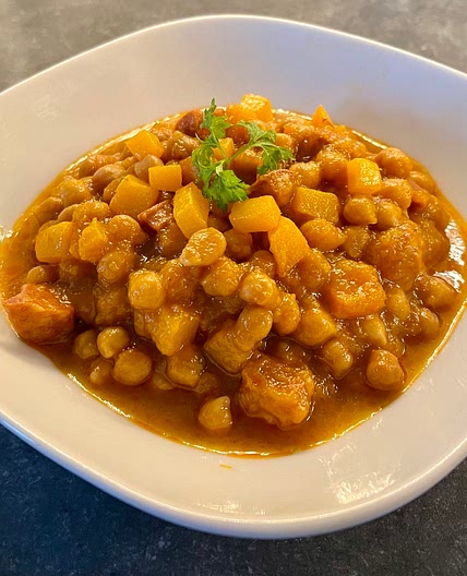 Chickpea, butternut squash  and chorizo slow cooked spiced stew