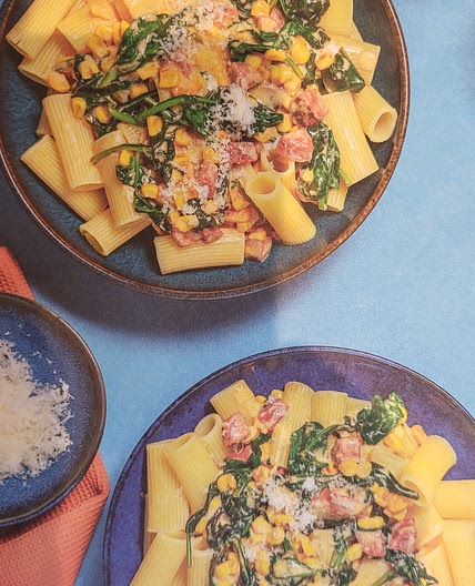 Speedy Creamy Chorizo and Sweetcorn Pasta with Spinach and Cheese