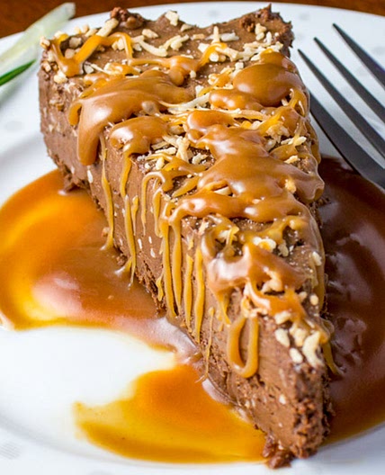 Crustless Chocolate Mousse Pie with Warm Caramel Sauce