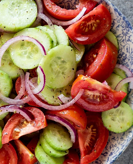 Easy cucumber, tomato and red onion salad