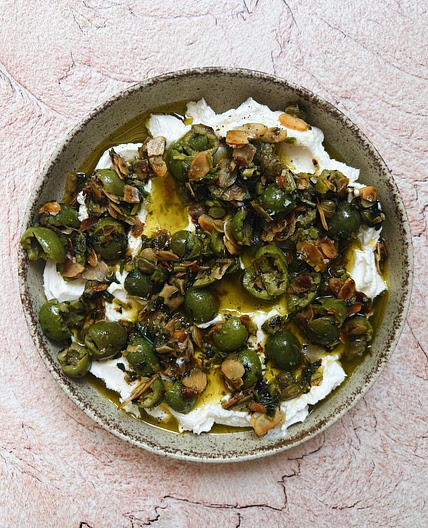 Ricotta With Crushed Olives, Almonds & Lemon