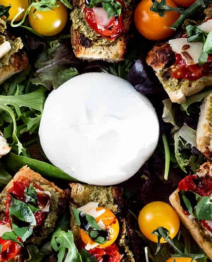 Bruschetta Burrata with Roasted Tomatoes and Pesto