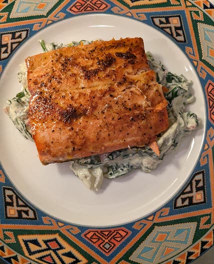 Salmon with Spinach and Pancetta Cream Sauce