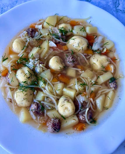 Meatball Dumpling Noodle Soup 