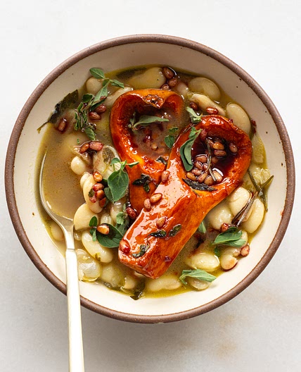 Red Wine Honeynut Squash on Brothy Beans