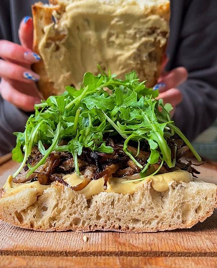 roasted oyster mushroom and miso cashew cream sandwich