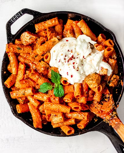 Spicy Rigatoni topped with Fresh Burrata