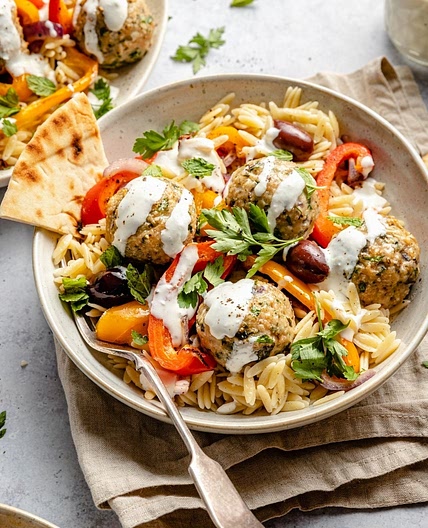 Greek Turkey Meatballs with Lemon Orzo & Creamy Feta Yogurt Sauce