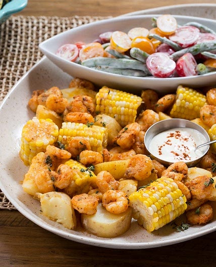 Shrimp, Potato & Corn "Boil" with Creamy Summer Bean & Cherry Tomato Salad