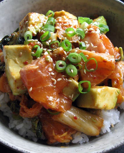 Salmon Donburi with Avocado and Kimchi