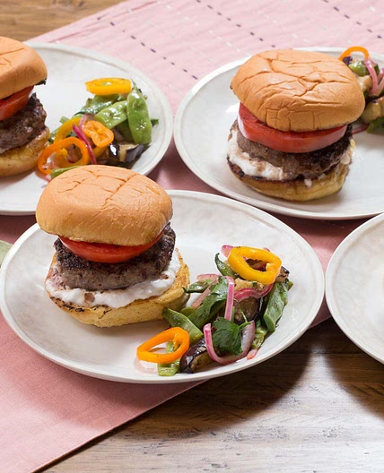 Lamb & Beef Feta Burgers with Romano Bean, Eggplant & Summer Pepper Salad