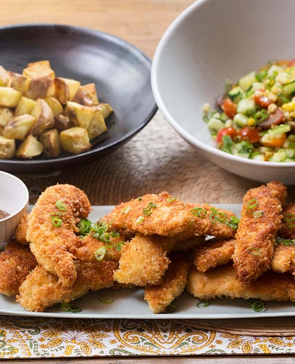 Crispy Chicken Tenders & Roasted Potatoes with Summer Vegetable Salad & Honey Mustard