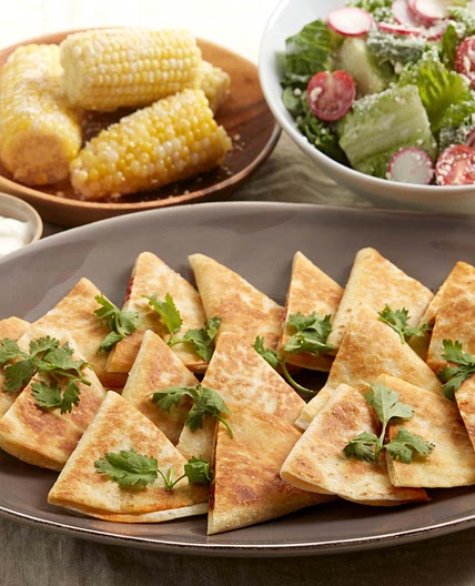 Monterey Jack & Spiced Pepper Quesadillas with Corn on the Cob & Tomato-Romaine Salad
