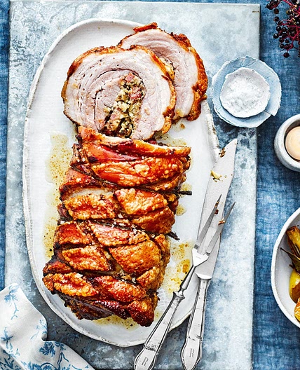 Prune and apple stuffed pork belly with roast fennel and apples
