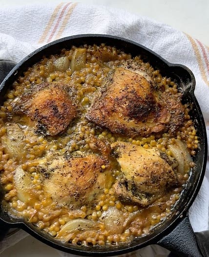 One pot Dijon chicken and couscous with herbs de Provence and sh