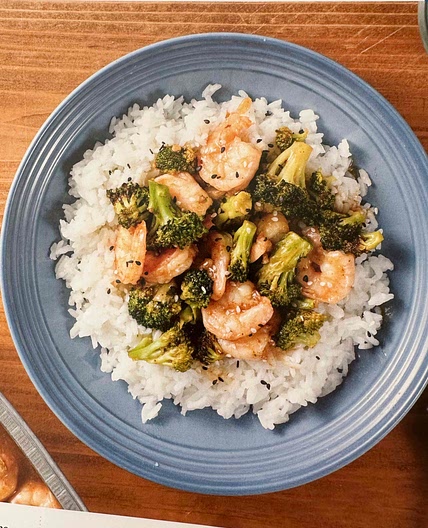 Soy-glazed Shrimp and Broccoli w/rice