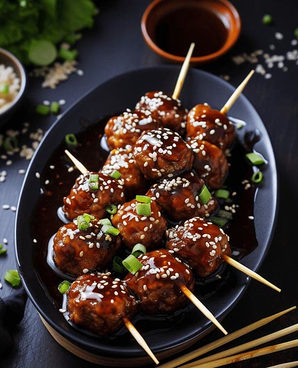 Gourmet Teriyaki Glazed Meatball Skewers with Sesame Seeds