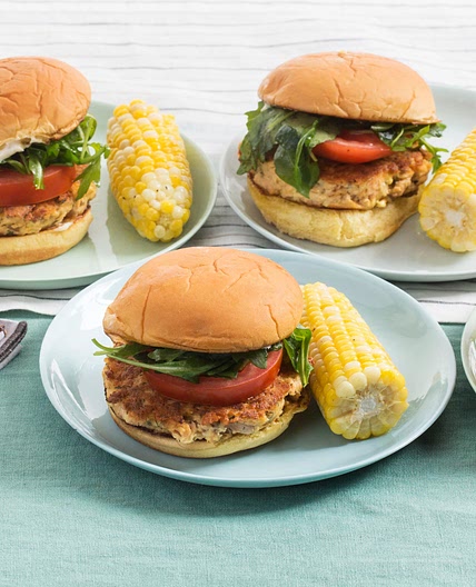 Lemon-Dill Salmon Burgers with Buttered Corn on the Cob