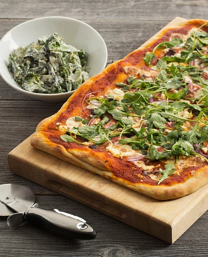 Greek Pizza with Warm Broccolini Salad