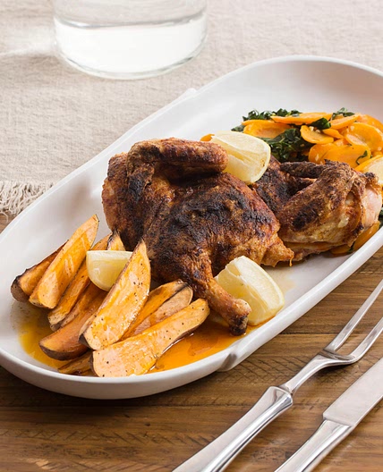 BBQ Roasted Chicken with Maple Sweet Potato Wedges & Collard Greens