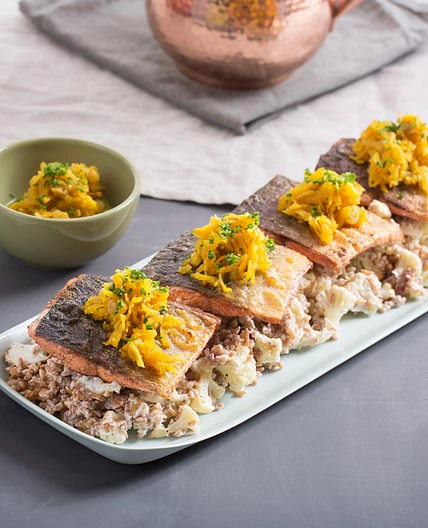 Pastrami-Spiced Salmon with Pickled Beet Relish & Cauliflower-Farro Salad
