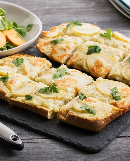 Potato & Béchamel Focaccia Pizzas with Arugula & Persimmon Salad