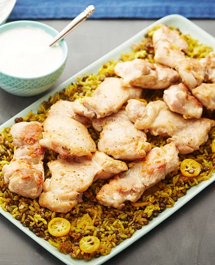 Seared Chicken Thighs with Kumquats, Spiced Rice & Lentils