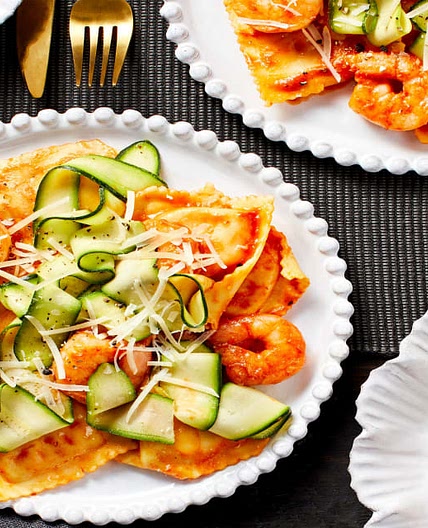 Shrimp with Lobster Ravioli in a Creamy Tomato Sauce with Zucchini Ribbons