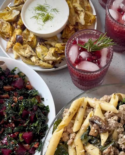 Roasted artichoke with chicken pasta, pears, and mocktail