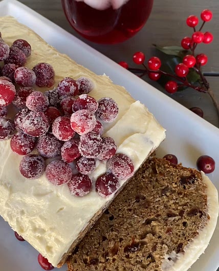 Banana Bread with Cream Cheese Frosting and Sugared Cranberries 
