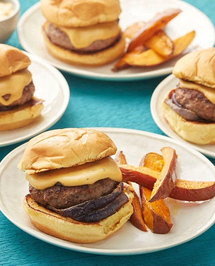 White Cheddar Cheeseburgers with Roasted Sweet Potato Wedges