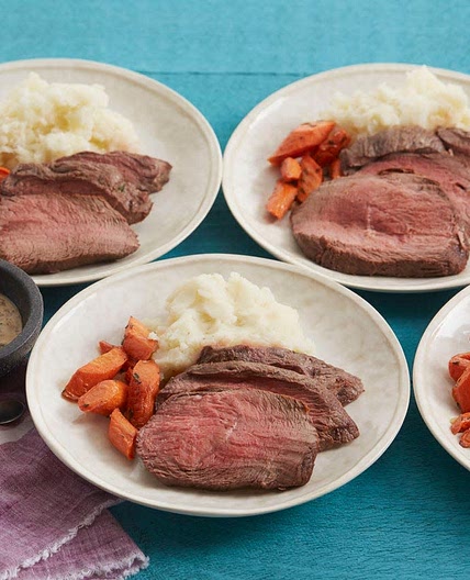Roast Beef & Carrots with Mashed Potatoes & Dijon Mustard Pan Sauce