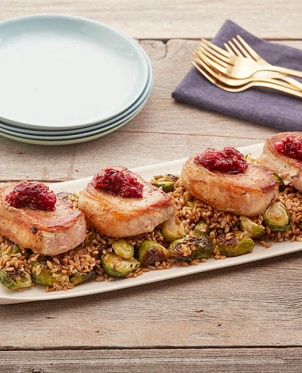 Seared Pork Chops with Farro, Brussels Sprouts & Cranberry Chutney