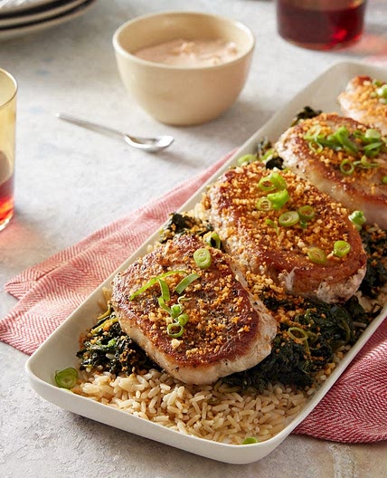 Pork Chops & Garlic Picada with Brown Rice & Spinach