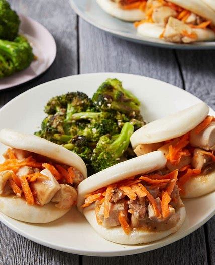 Hoisin Chicken Steam Buns with Broccoli & Marinated Carrots