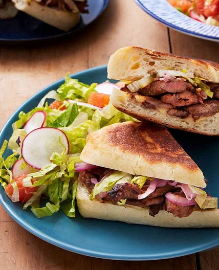 Spiced Beef & Pickled Onion Tortas with Cara Cara Orange, Radish & Romaine Salad