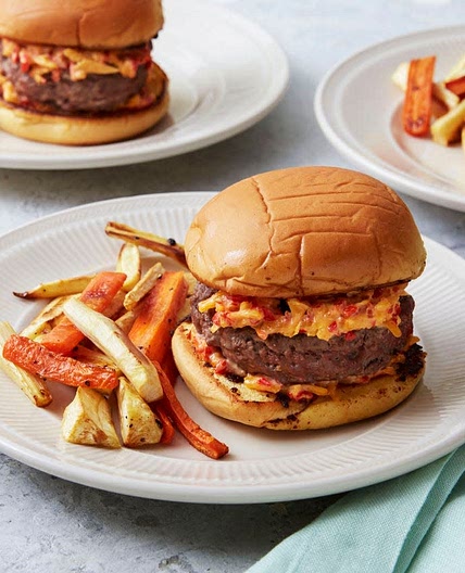 Pimento Cheeseburgers with Roasted Carrots & Parsnips