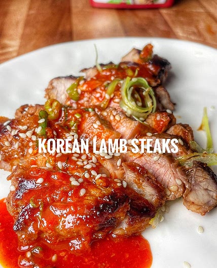 Spicy Korean style lamb steaks, pickled cucumber. SAVE the recip