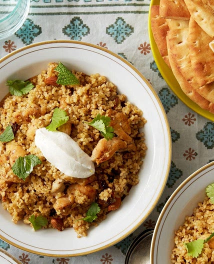 Za'atar-Spiced Chicken & Bulgur with Yogurt Sauce & Pita Chips