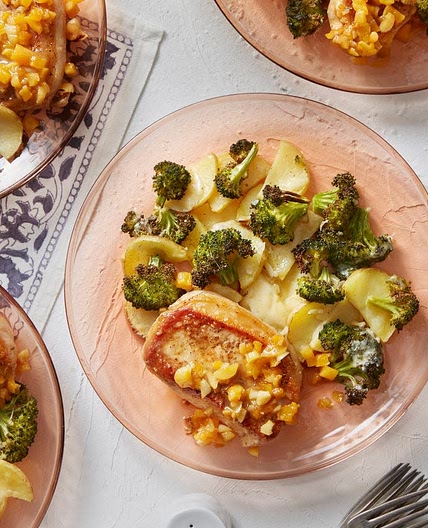 Pork Chops & Apricot Pan Sauce with Cheesy Potatoes & Broccoli