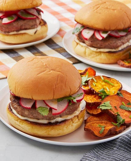 Lemongrass & Ginger Turkey Burgers with Marinated Radishes & Roasted Sweet Potatoes
