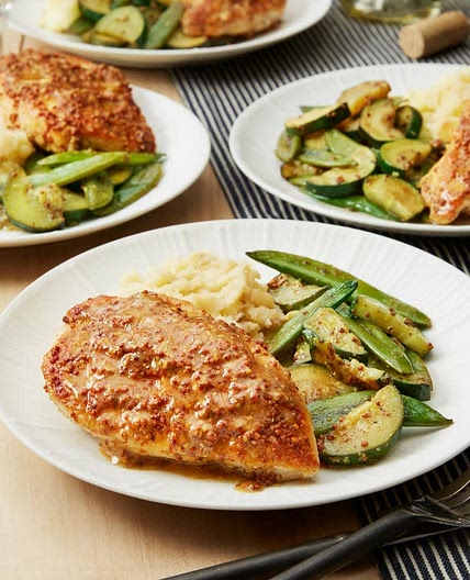 Seared Chicken & Mustard Pan Sauce with Summer Squash & Garlic Mashed Potatoes